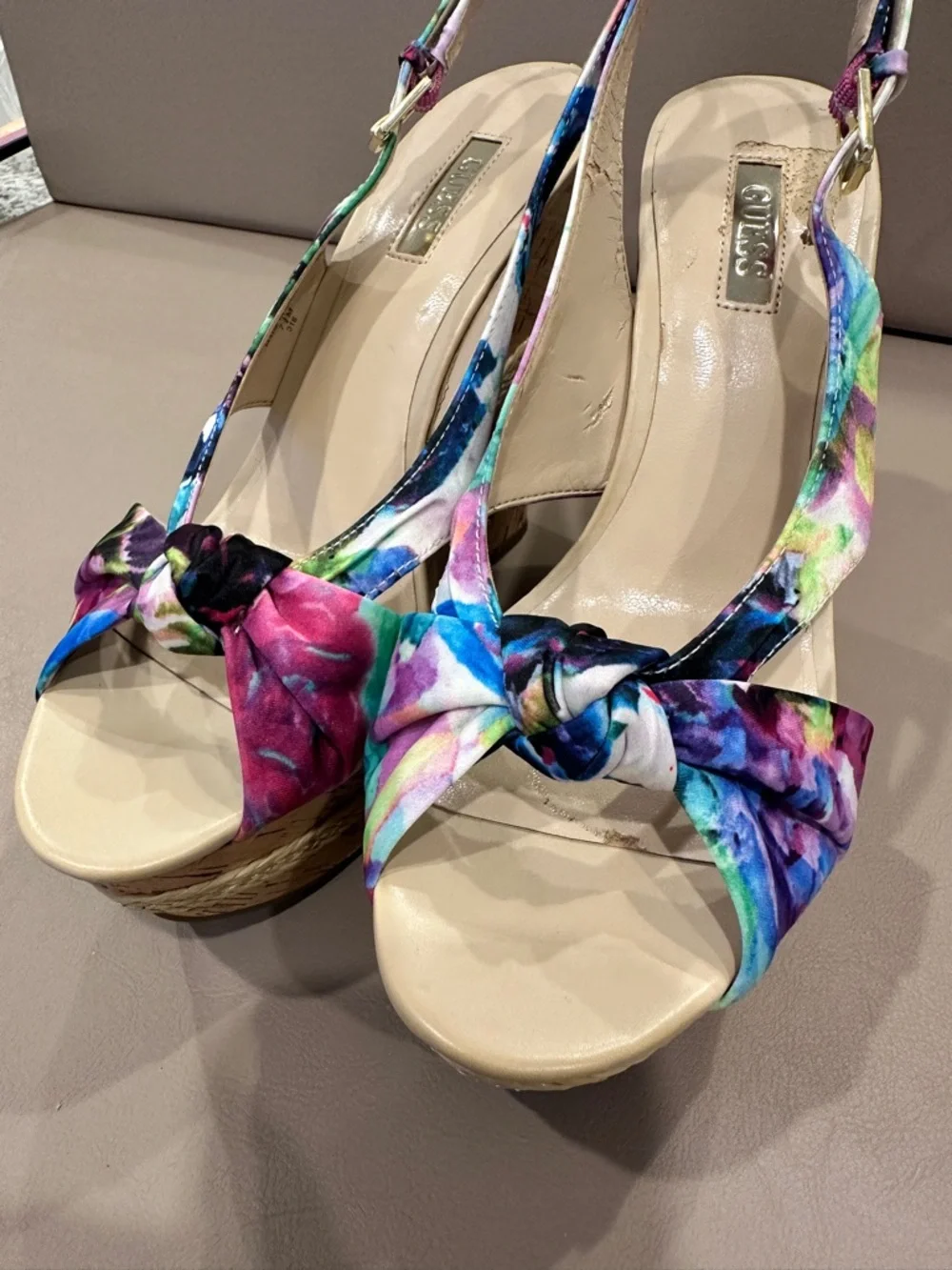 Floral Print Cork Wedge Sandals - Multicolor